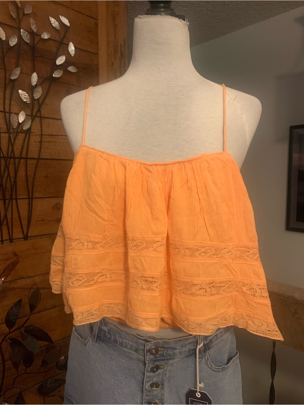 Free People Orange Crochet-Trim Spaghetti Strap Cami